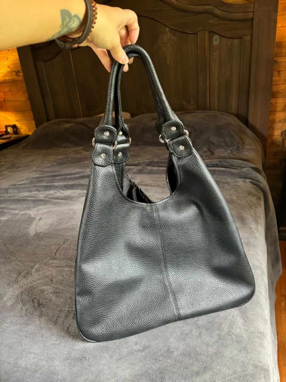 Lancôme Black Hobo Shoulder Bag Purse, Pebbled Leather, Silver Hardware